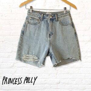 Princess Polly  Distressed Long Denim Shorts Jorts Size 0 Light blue Wash